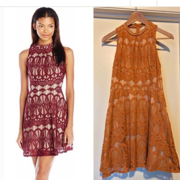 love, Fire Dresses & Skirts - Love Fire Burnt Orange Mock Neck Lace Lined Sleeveless Fitted Skater Dress M
